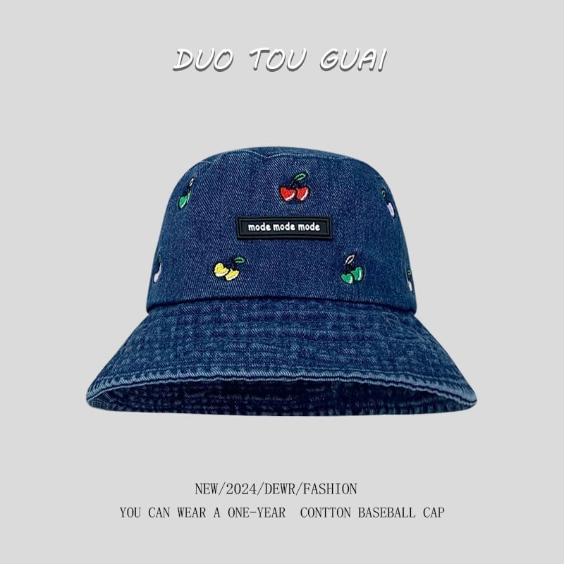 Washed Denim Embroidered Bucket Cherry Hat