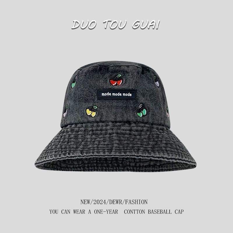 Washed Denim Embroidered Bucket Cherry Hat