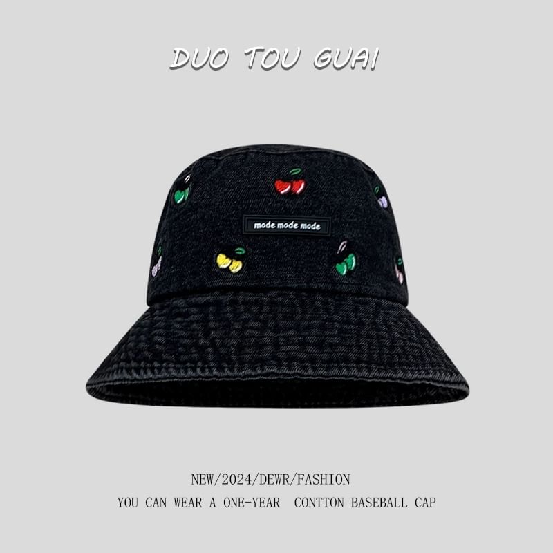 Washed Denim Embroidered Bucket Cherry Hat