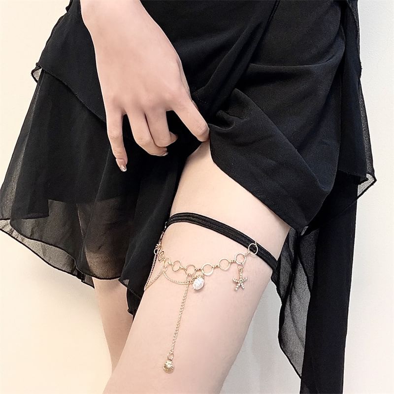 Faux Pearl Shell Chain Thigh Starfish Layered