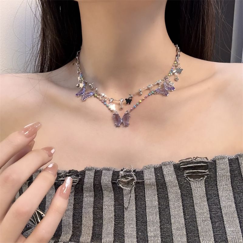 Butterfly Necklace Fringed Faux Crystal Layered