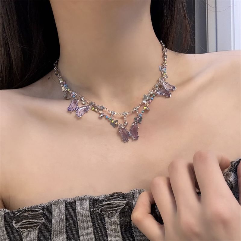Butterfly Necklace Fringed Faux Crystal Layered