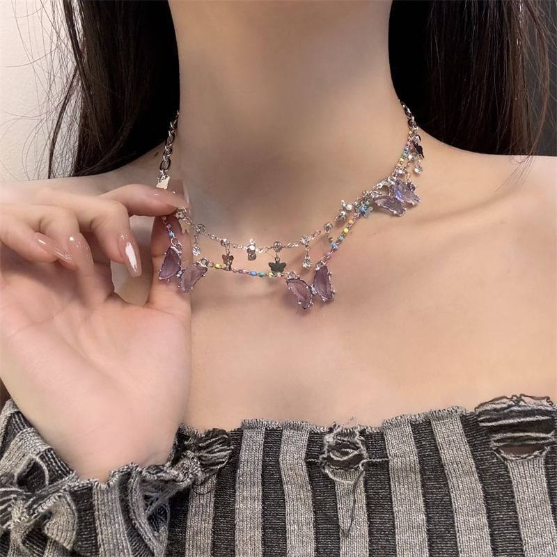 Butterfly Necklace Fringed Faux Crystal Layered