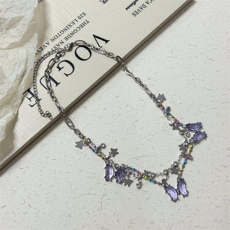 Butterfly Necklace Fringed Faux Crystal Layered