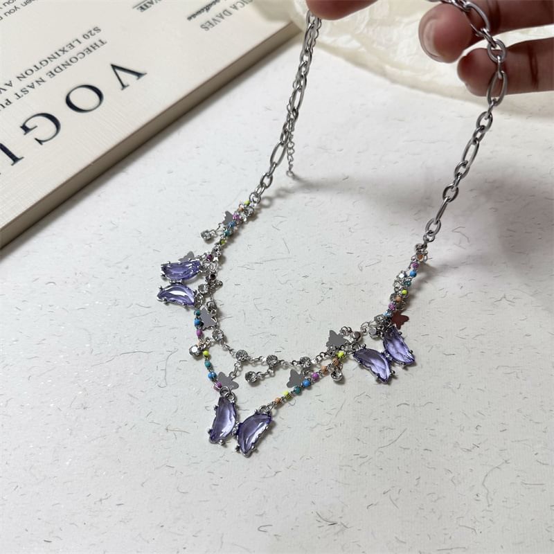 Butterfly Necklace Fringed Faux Crystal Layered