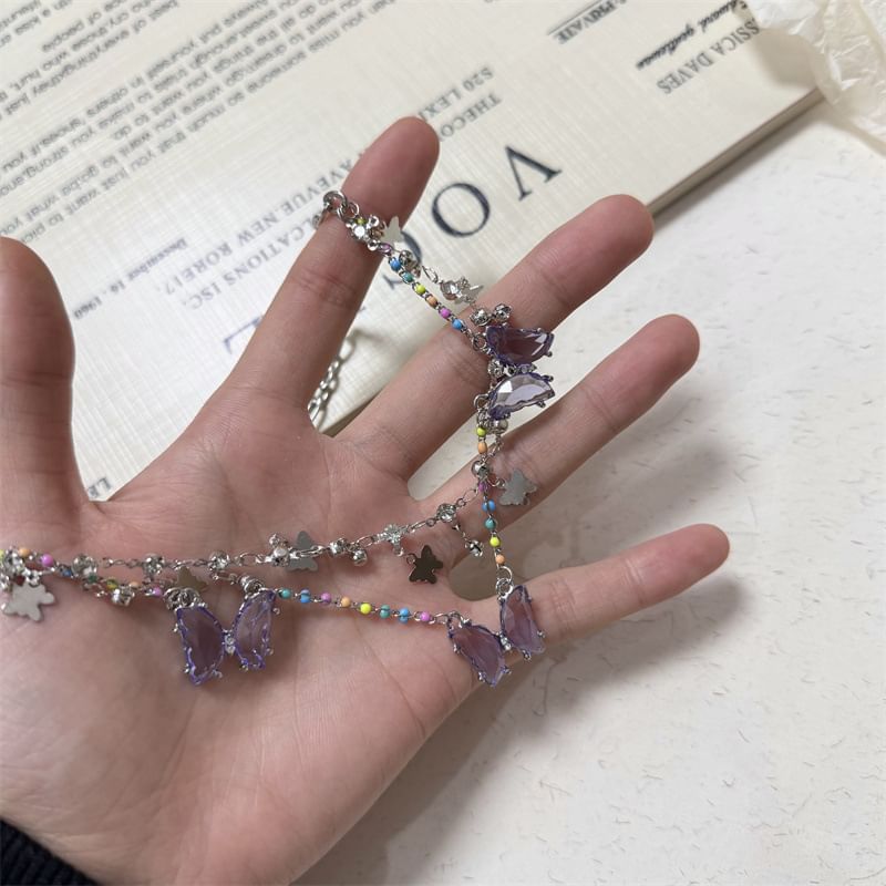 Butterfly Necklace Fringed Faux Crystal Layered