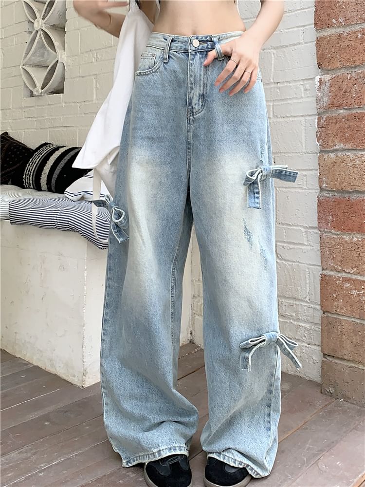 Leg Mid Bow Washed Wide Waist Jeans