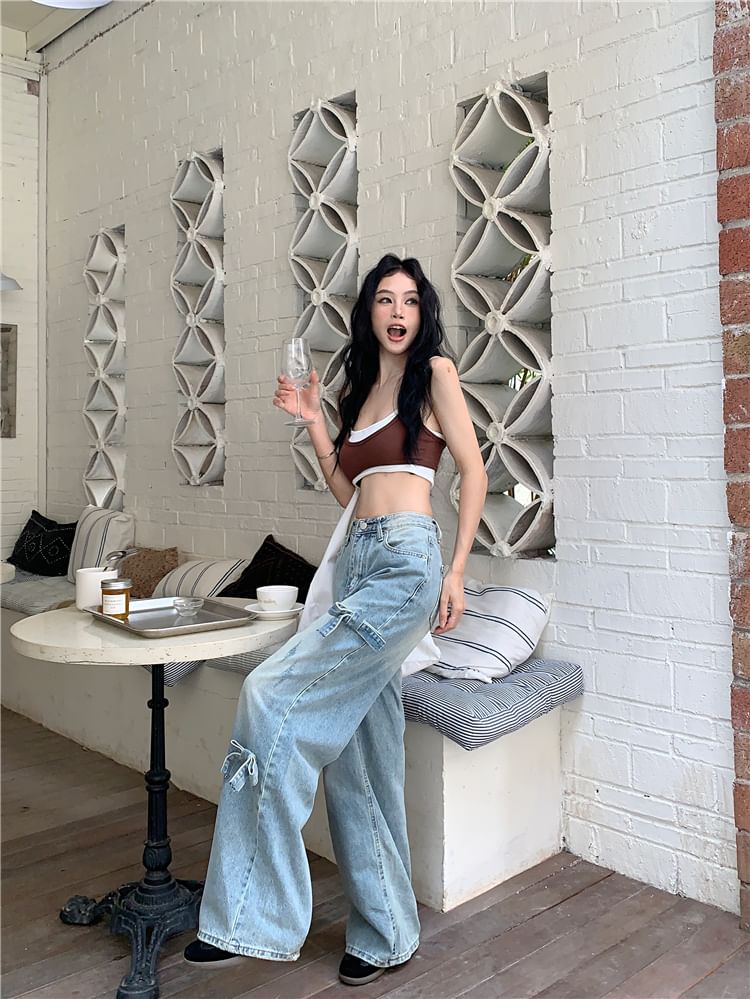 Leg Mid Bow Washed Wide Waist Jeans