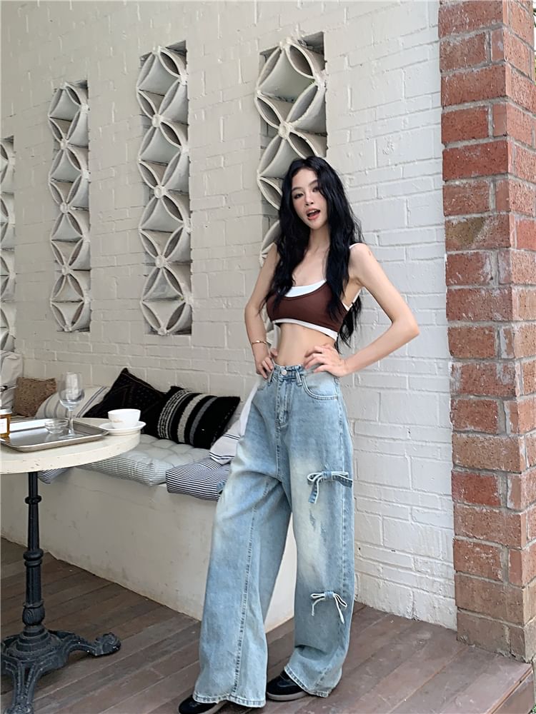 Leg Mid Bow Washed Wide Waist Jeans
