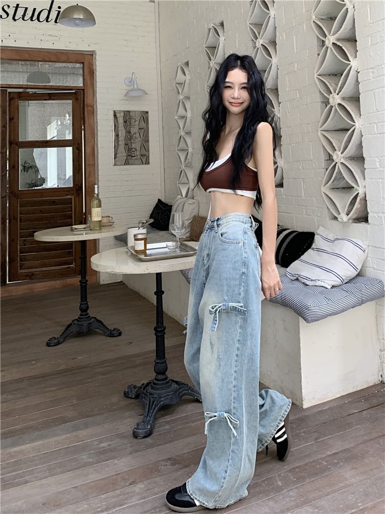 Leg Mid Bow Washed Wide Waist Jeans