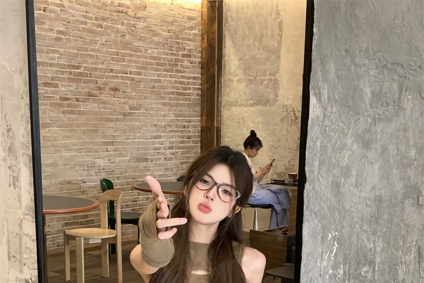 Faux Cutout Pencil / Round Sleeveless Waist Neck Leather Skirt Top Mini Mid