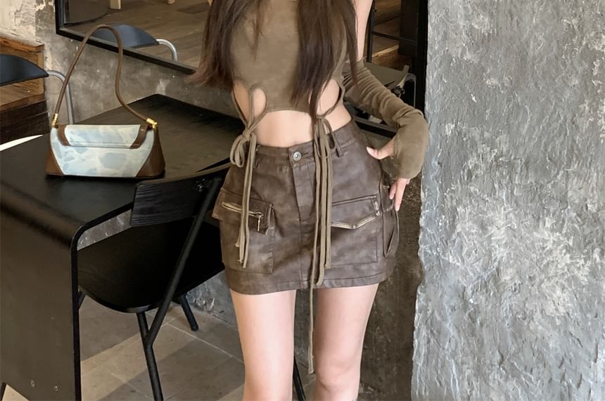 Faux Cutout Pencil / Round Sleeveless Waist Neck Leather Skirt Top Mini Mid