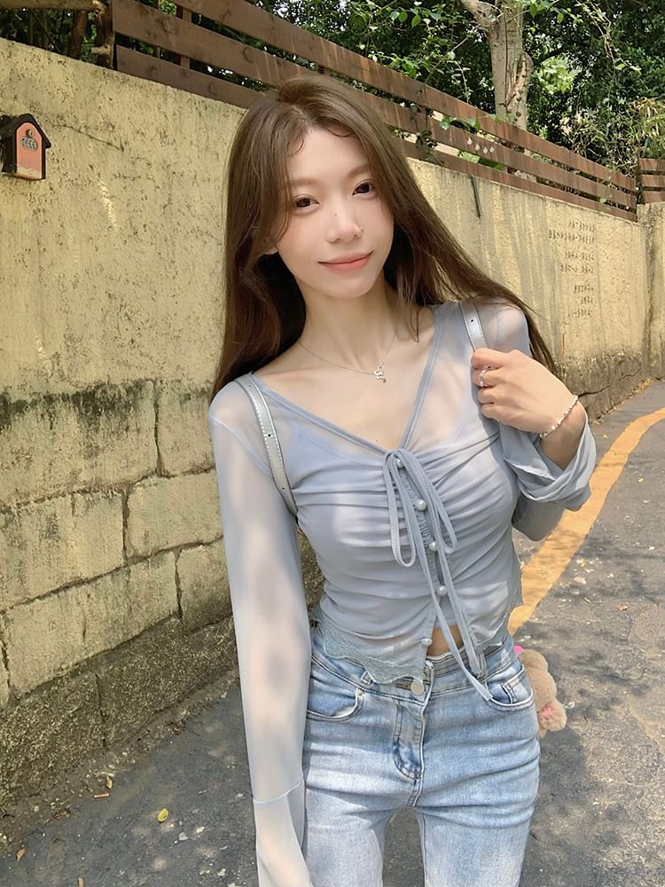 / Plain Top Long-Sleeve Camisole Sheer V-Neck