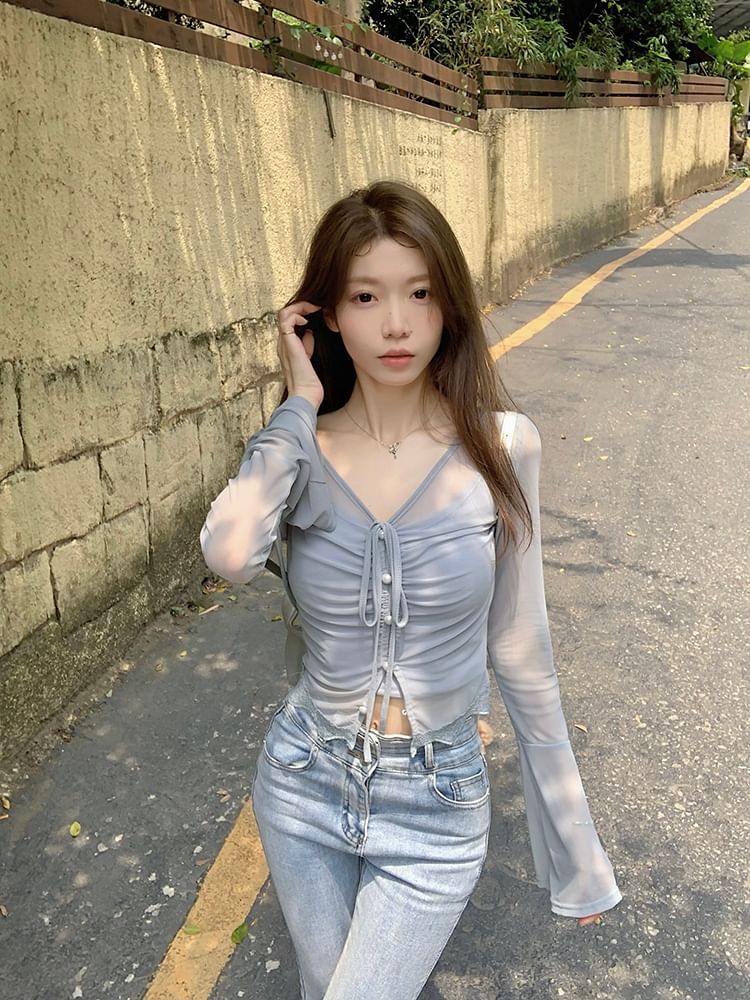 / Plain Top Long-Sleeve Camisole Sheer V-Neck