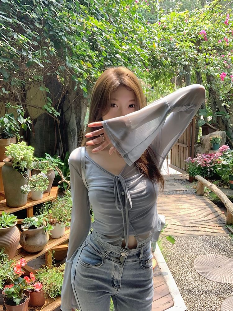 / Plain Top Long-Sleeve Camisole Sheer V-Neck