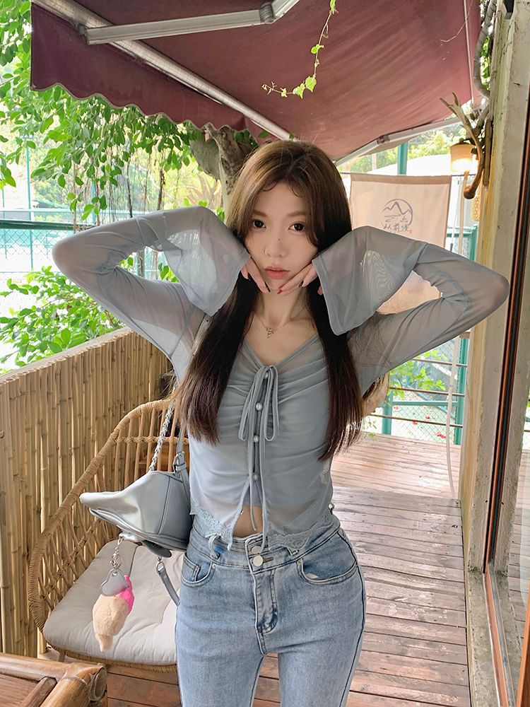 / Plain Top Long-Sleeve Camisole Sheer V-Neck