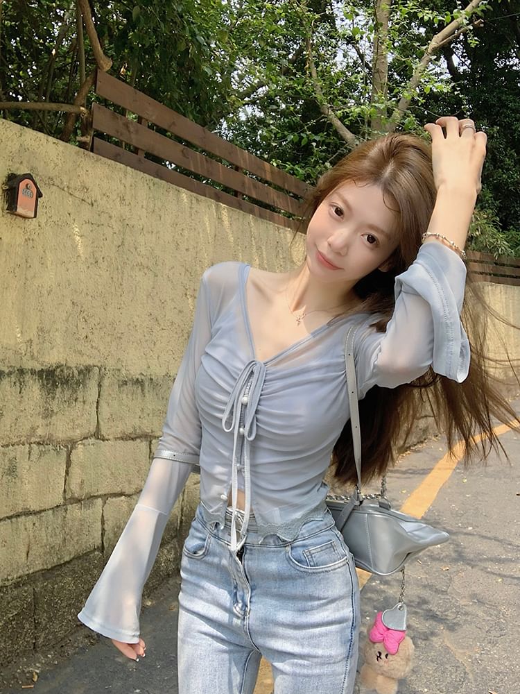 / Plain Top Long-Sleeve Camisole Sheer V-Neck