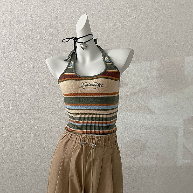 Halter Letter Top Embroidered Striped