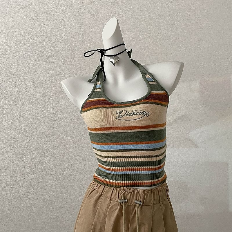 Halter Letter Top Embroidered Striped