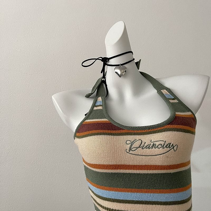 Halter Letter Top Embroidered Striped