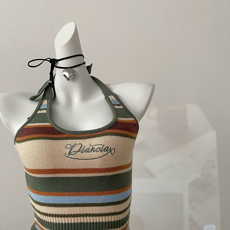 Halter Letter Top Embroidered Striped