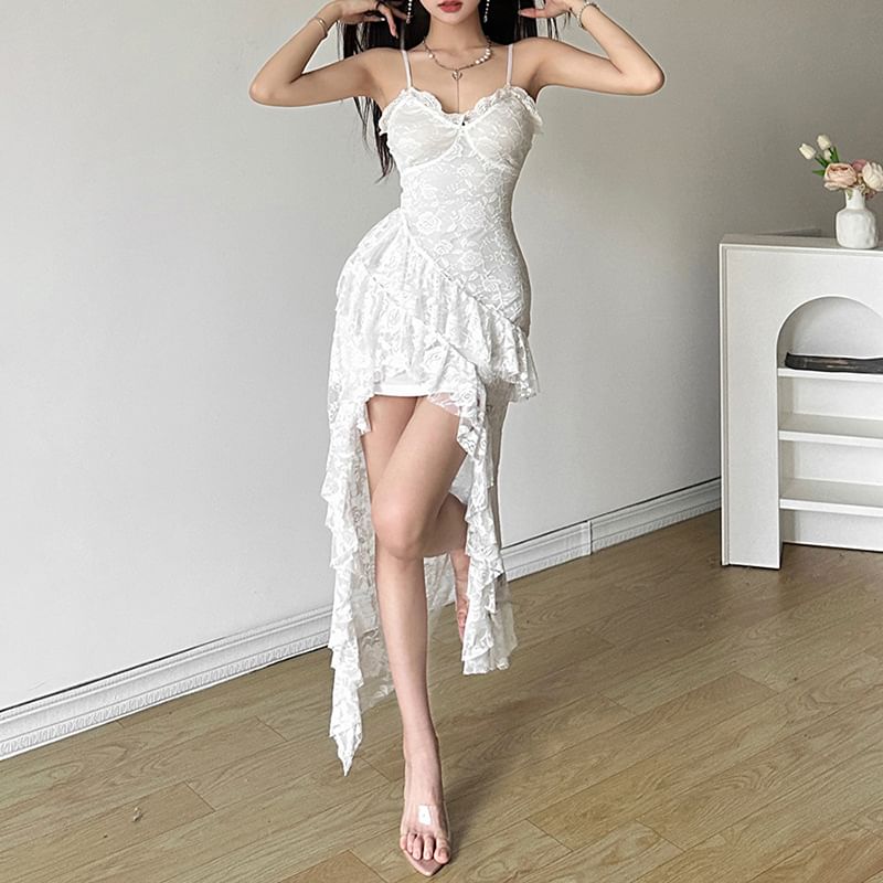 Spaghetti V-Neck Plain Strap Midi Dress Lace