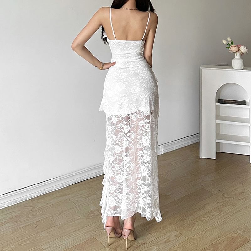 Spaghetti V-Neck Plain Strap Midi Dress Lace