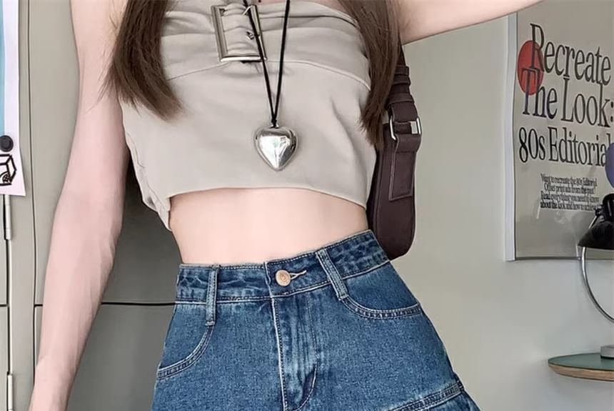 High A-Line Mini Denim Rise Pleated Skirt Washed