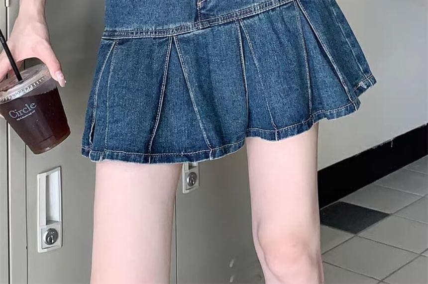 High A-Line Mini Denim Rise Pleated Skirt Washed