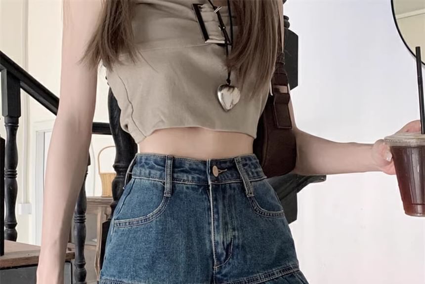 High A-Line Mini Denim Rise Pleated Skirt Washed