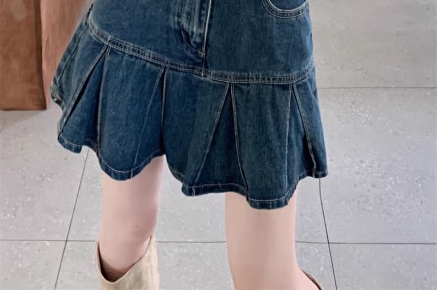 High A-Line Mini Denim Rise Pleated Skirt Washed