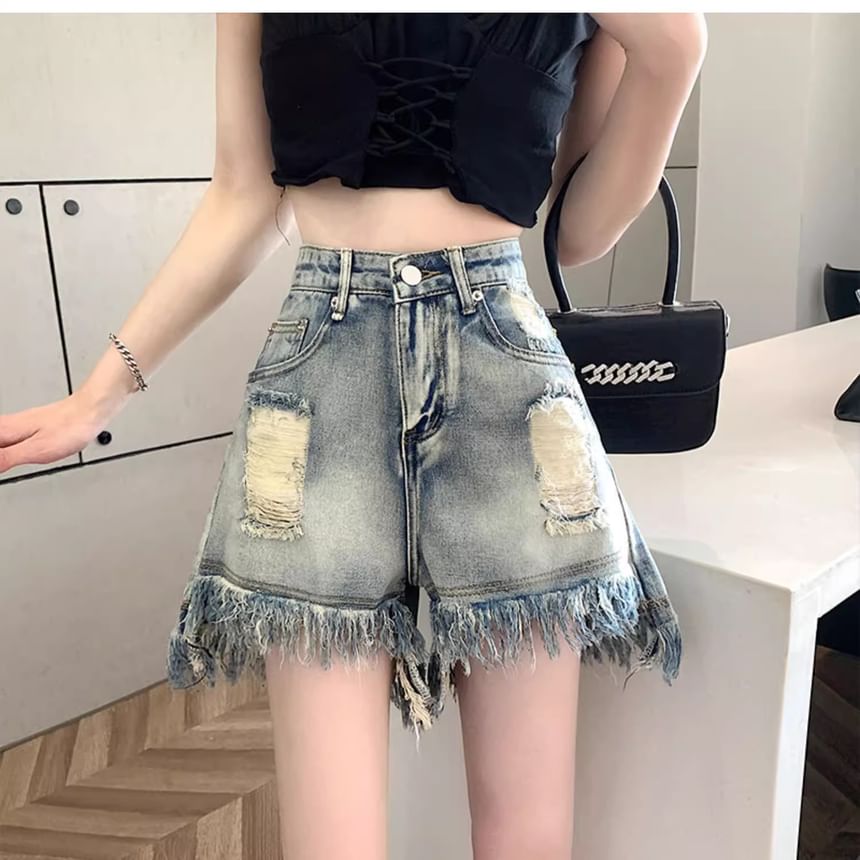 High Denim Waist Distressed Washed Fringe Shorts