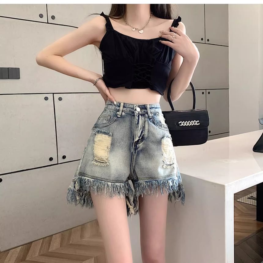 High Denim Waist Distressed Washed Fringe Shorts
