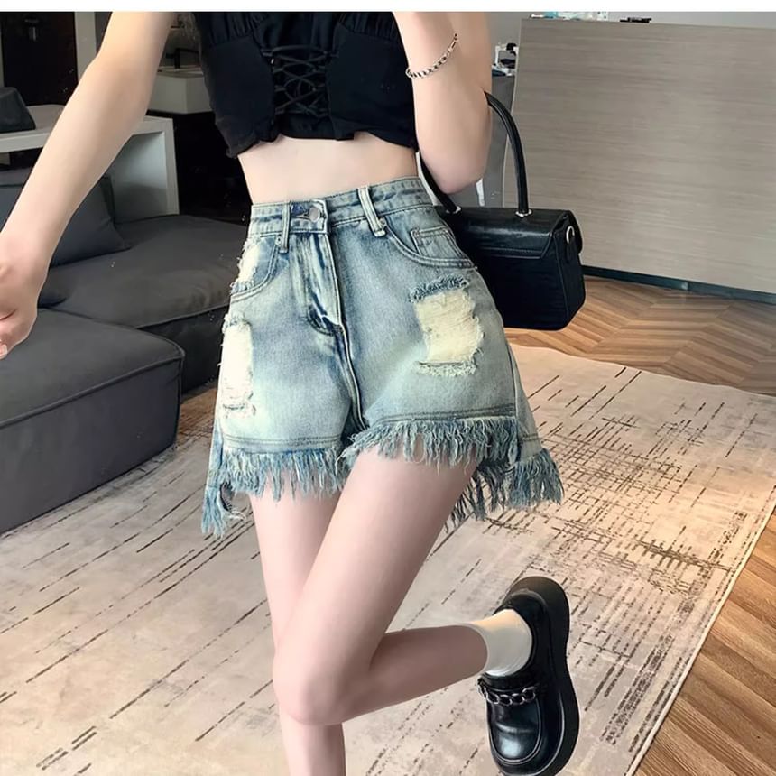 High Denim Waist Distressed Washed Fringe Shorts