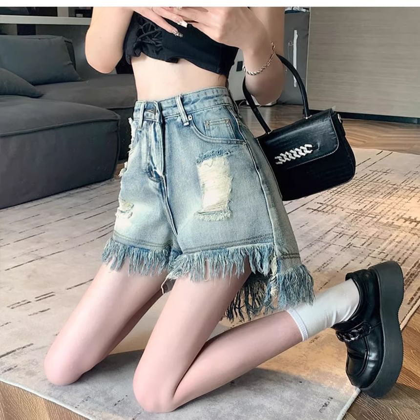 High Denim Waist Distressed Washed Fringe Shorts