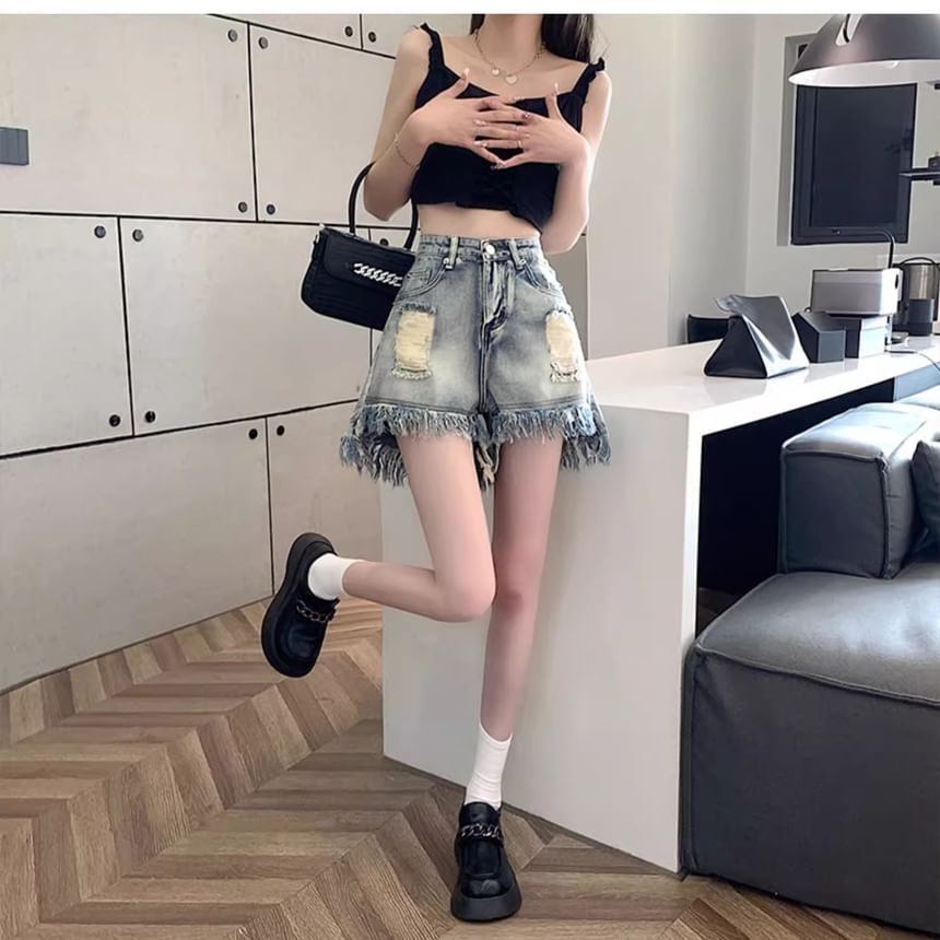 High Denim Waist Distressed Washed Fringe Shorts