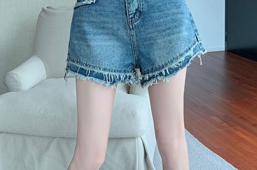 Washed Fray Shorts Waist Denim High