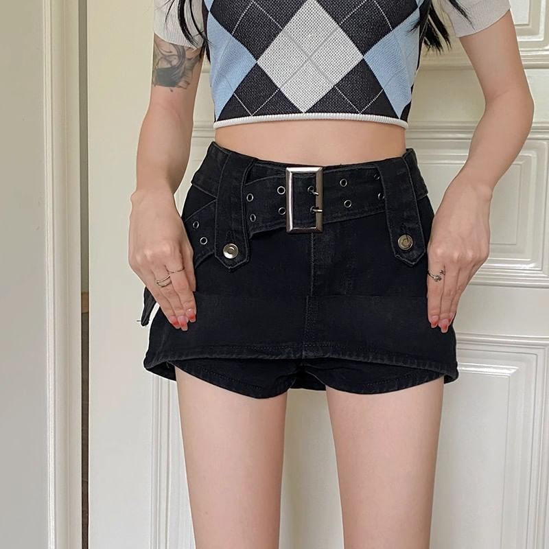 Waist Mini Denim Skort Belted High A-Line