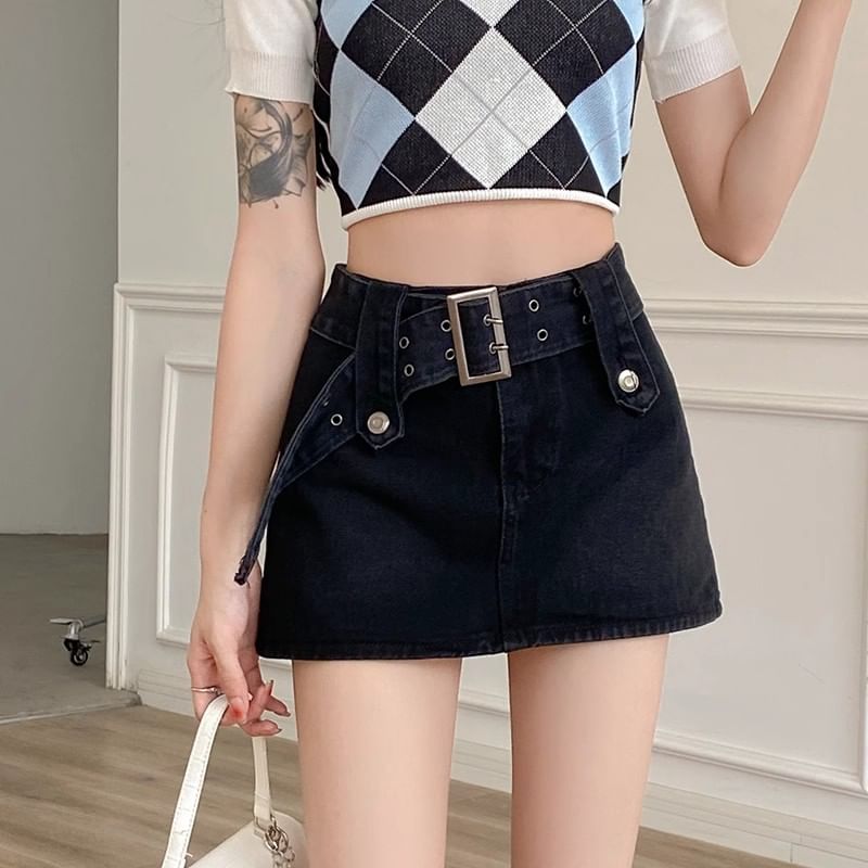 Waist Mini Denim Skort Belted High A-Line