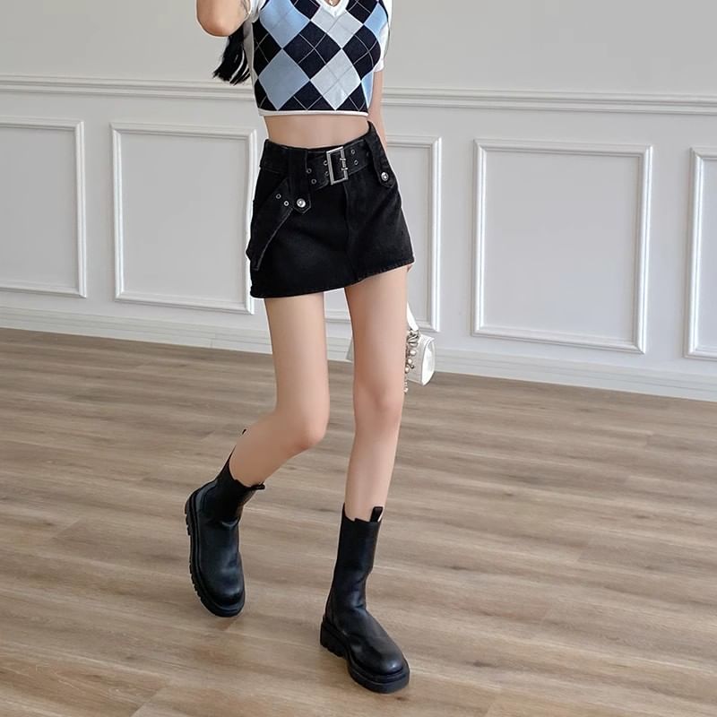 Waist Mini Denim Skort Belted High A-Line