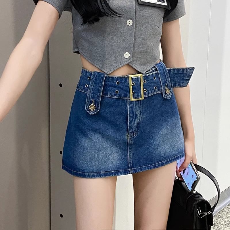 Waist Mini Denim Skort Belted High A-Line