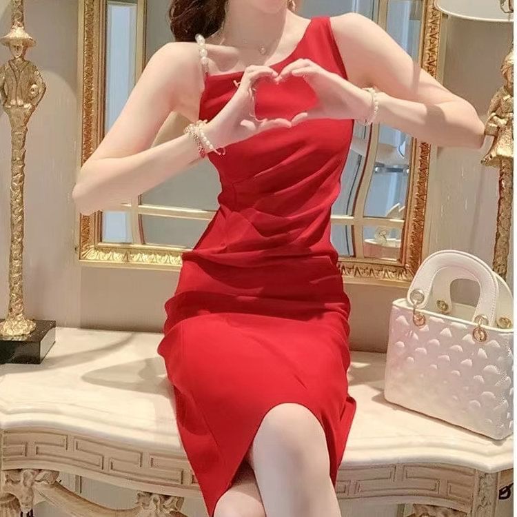 Sleeveless Dress Midi Ruched Pearl A-Line Faux Slit Strap Plain