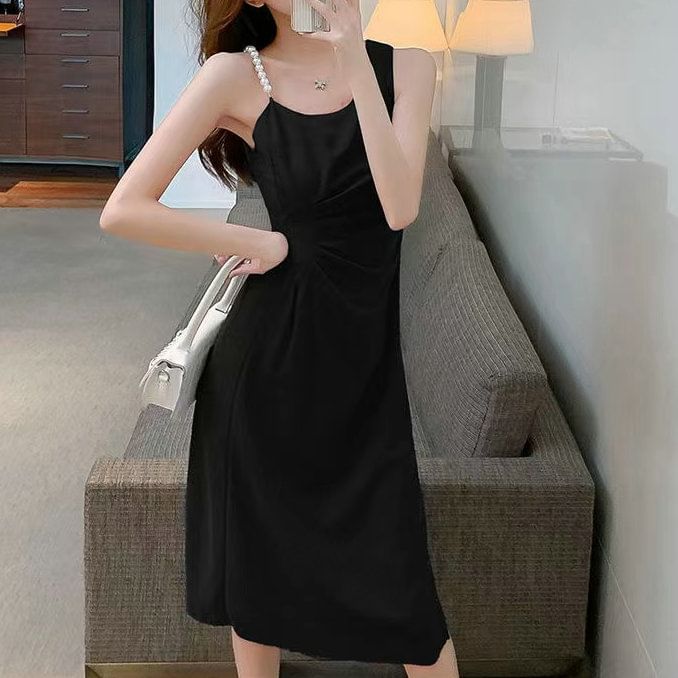 Sleeveless Dress Midi Ruched Pearl A-Line Faux Slit Strap Plain