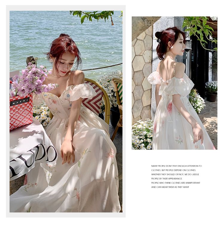 Floral Dress A-Line Midi Cold-Shoulder Puff-Sleeve