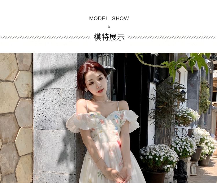 Floral Dress A-Line Midi Cold-Shoulder Puff-Sleeve