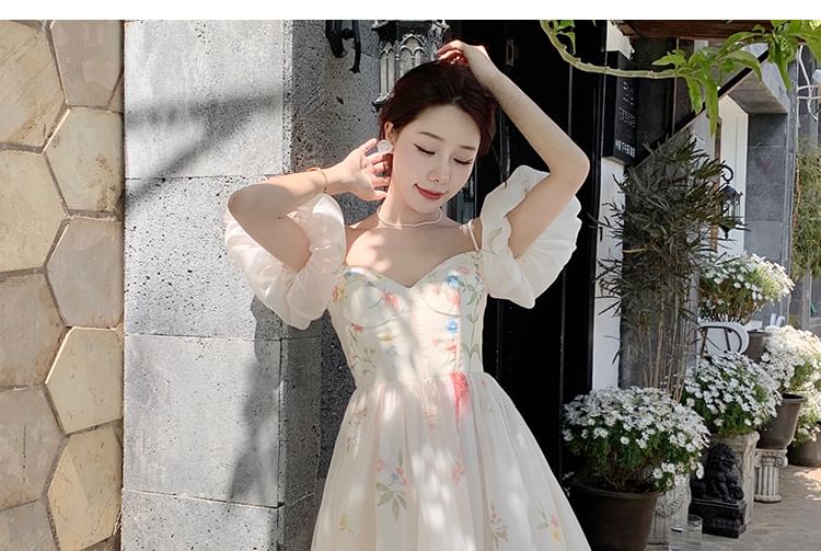 Floral Dress A-Line Midi Cold-Shoulder Puff-Sleeve