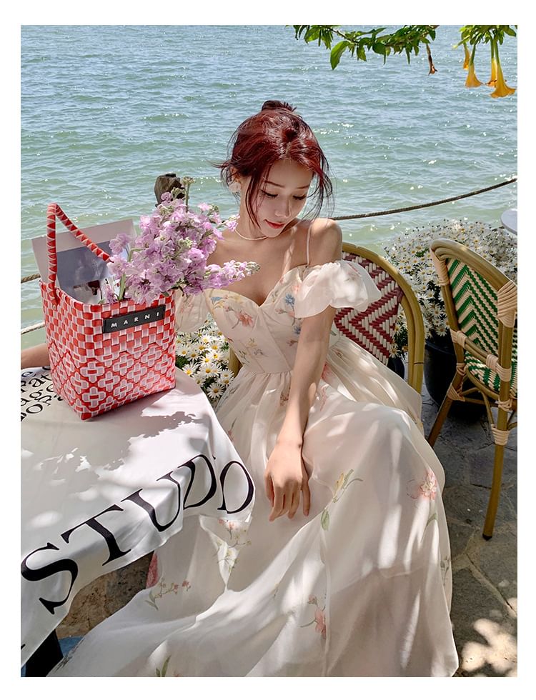 Floral Dress A-Line Midi Cold-Shoulder Puff-Sleeve