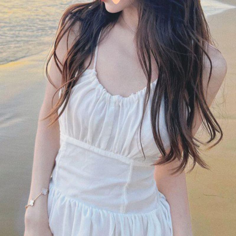 Open Sundress Back Lace-Up Maxi Plain Spaghetti Strap