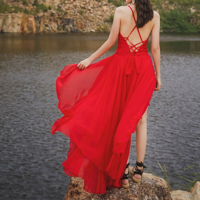 Open Sundress Back Lace-Up Maxi Plain Spaghetti Strap