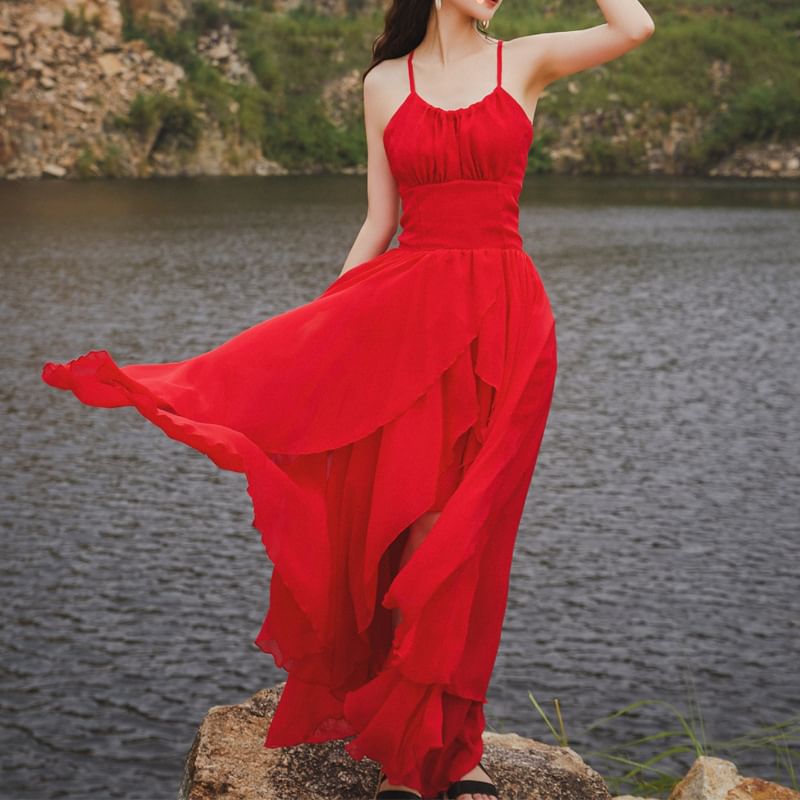 Open Sundress Back Lace-Up Maxi Plain Spaghetti Strap